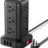 Multi-Outlet Extension Cord — Tower-style surge-protected power strip featuring 12 AC outlets and 4 USB ports, with a 6.5-foot (approx. 2-meter) power cord.